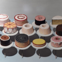 Wayne Thiebaud artwork, “Cakes.” Image by Pplachigo, Wikimedia Commons.